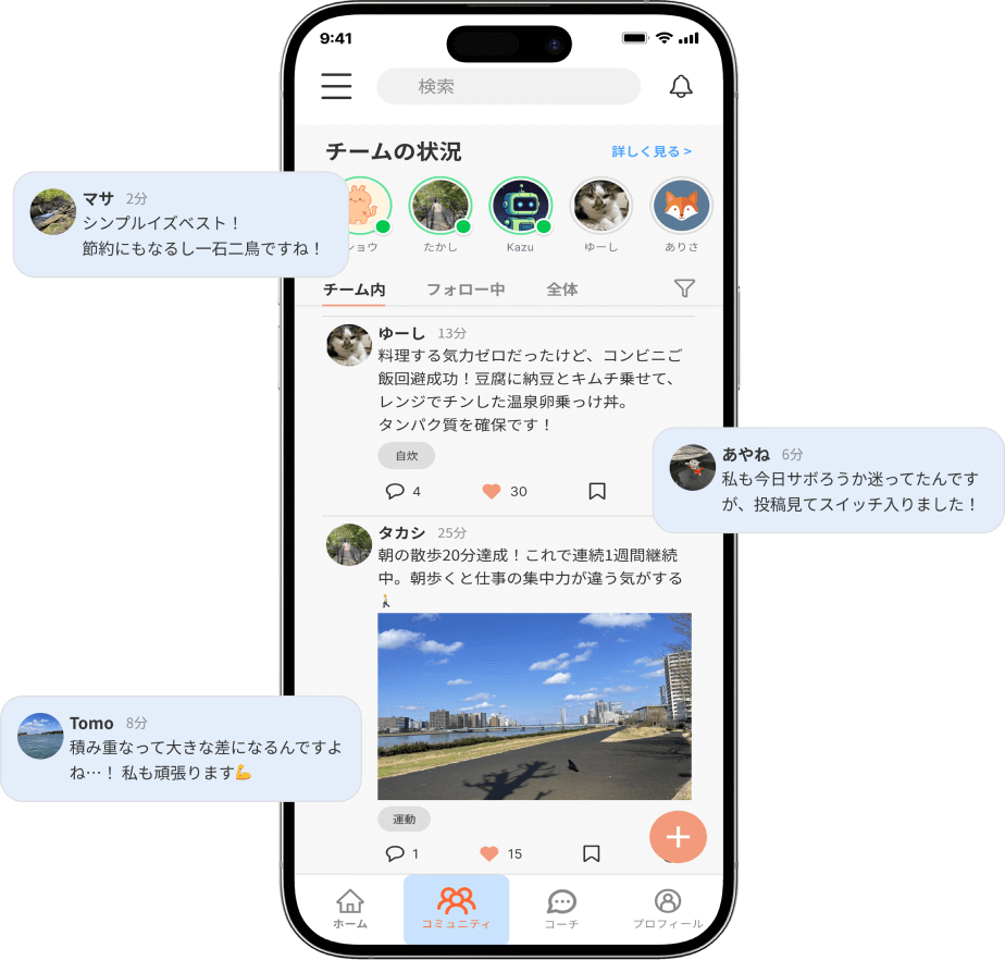 仲間と励まし合うコミュニティ画面